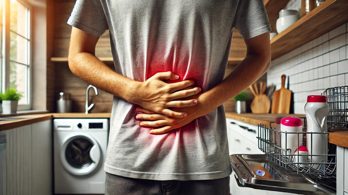 Persoon in een keuken die met beide handen zijn pijnlijke buik vasthoudt, met een rode gloed om de pijn aan te duiden. Op de achtergrond staat een open vaatwasser met vaatwasmiddelen en een wasmachine.