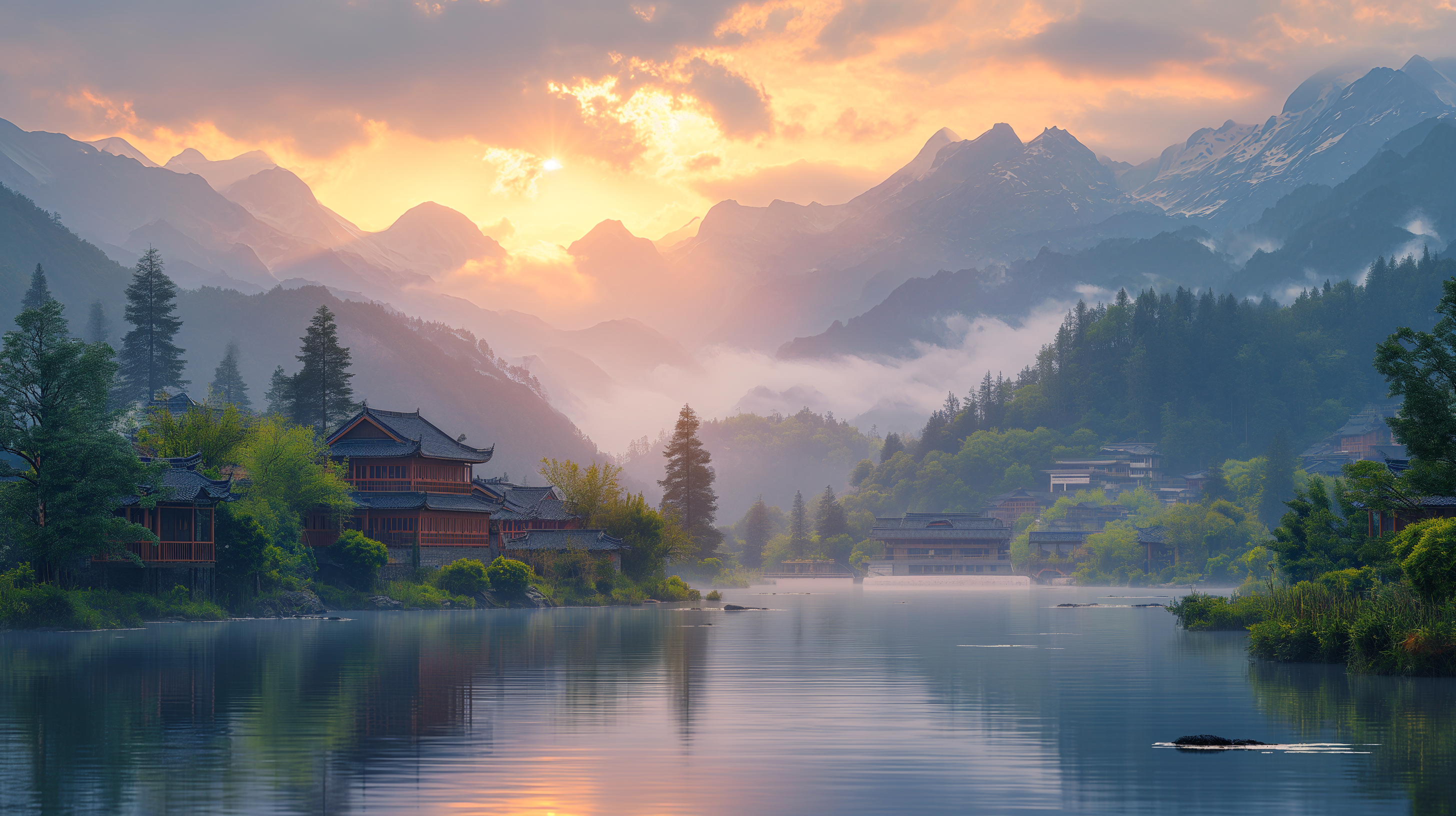 Prachtig uitzicht op het Himalaya-gebergte bij zonsopgang met traditionele gebouwen aan de rand van een meer. Het serene landschap benadrukt de natuurlijke oorsprong van onze pine pollen producten.